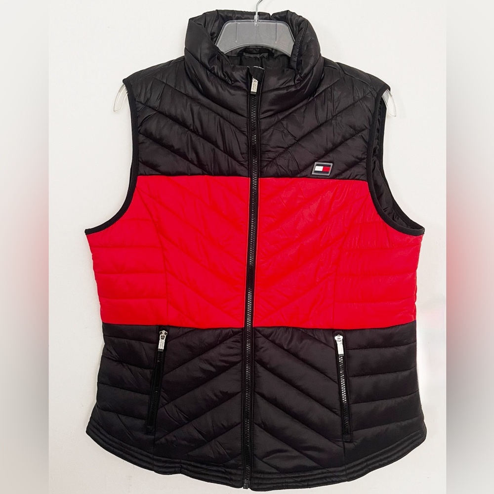 Tommy Hilfiger Quilted Vest Jacket Sz L Black New Y2K Motorcycle